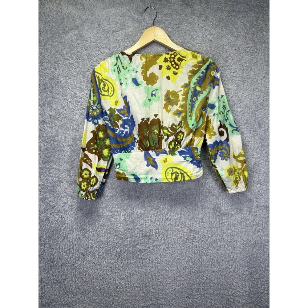 Zara Womens Long Sleeve Twist Front Crop Top Medium Paisley Boho V Neck Fitted - Picture 10 of 11
